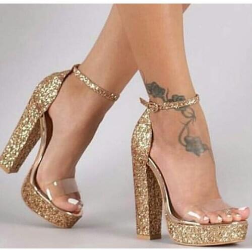 Moraima Snc Sexy Gold Glitter Embellished High Heel Sandal PVC Patchwork Thick Heels Woman Shoes Summer Ankle Strap Wedding Shoe