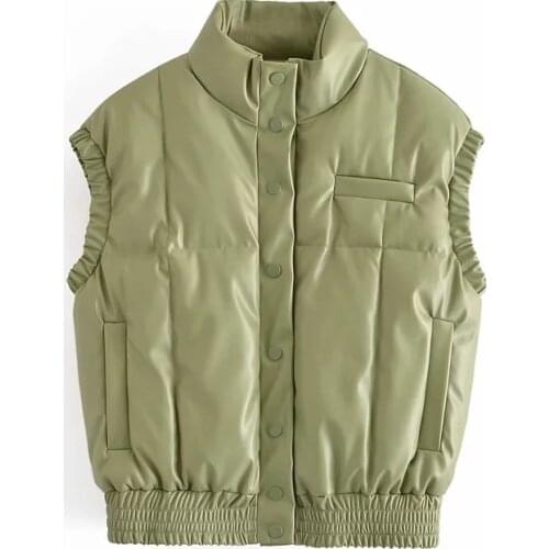 ZA Women 2021 Fashion Thick Warm Parkas Coat Vintage Pockets Pu Leather Female Sleeveless Cotton Vest Outerwear Chic Tops