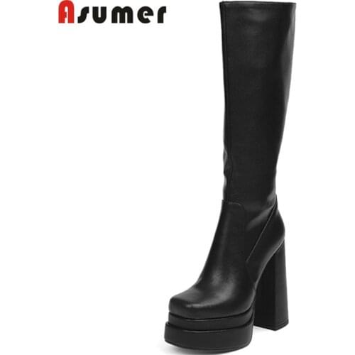 Asumer New Fashion Sexy Nightclub Shoes Women Knee High Boots Genuine Leather +Pu Winter Super High Heels Platform Boots Woman