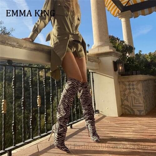 Women Zebra Print Knee-high Boots Pointed Toe Thin High Heels Gladiator Boots Ladies Slip on Autumn Winter Boots Slouch 2020