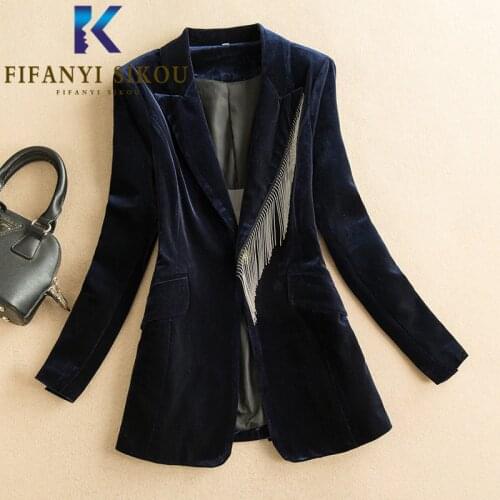Black Velvet Blazer Jacket Women Beading Tassel Fashion Single Button Suit Jacket Ladies High Quality Formal Slim Blazers Coat