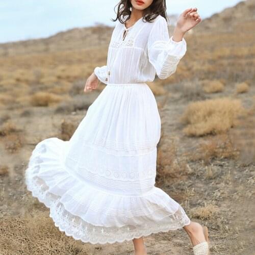 Boho High Quality Long Sleeve Maxi Dresses Women Autumn Cotton Robe 2020 Vintage White Floral Embroidery Lace Holiday Long Dress