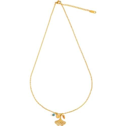 Fever&Free Trendy Ginkgo Leaf Pendant Necklace For Women Gold Leaves With Stone Beads Handmade Necklace Stainless Steel Jewelry