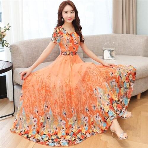 2021 Printed Chiffon Dress With Thin Temperament Age Reduction Medium And Long Skirt Waist Closing Gentle Beach Vfemage Vadim