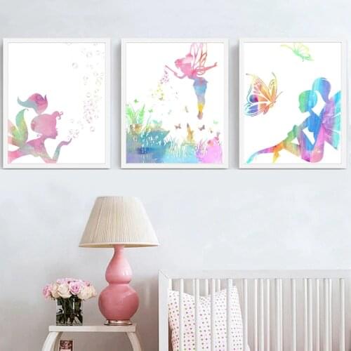 Watercolor Fairy Nursery Wall Art Canvas Print Posters Garden Butterflies Dragon Flies Flower Bubbles Painting Girls Room Decor