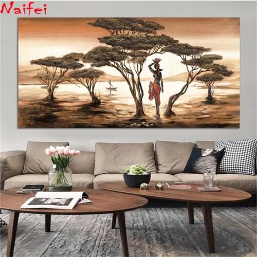 DIY Diamond Painting African Art Landscape And Woman Wall Art Painting Full Square Round Drill Mosaic Diamond Embroidery Decor