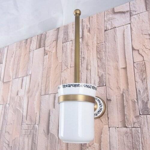 Antique Brass Wall Mounted Toilet Brush & Holder Set White Brush Ceramic Cup Bathroom Accessory aba785