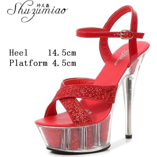 Model Sandals Women Summer New 2021 Striptease Show Party Club Sexy Sequins Crystal High Heel 15 CM Platform Pole Dancing Shoes