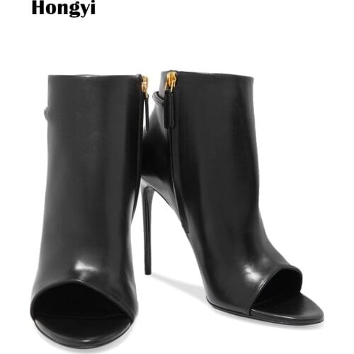 Hongyi Fish Mouth Thin High Heel Black Boots Sexy Women Boots Fashion Ankle Boots Peep Toe Side Zip Open Toe Shoes Women Shoes