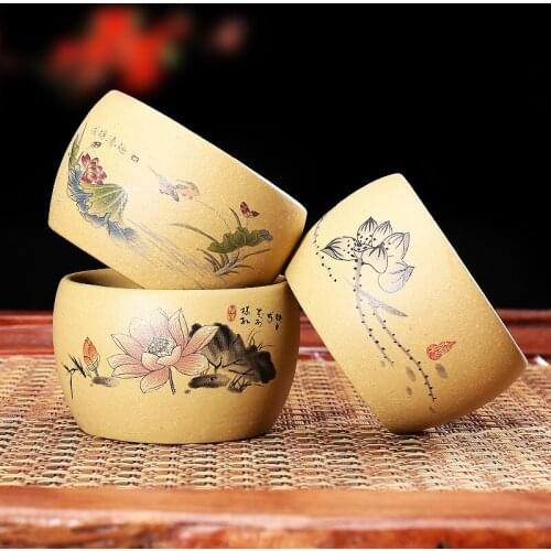 Hand Painted Lotus Tea Cup 80ML Authentic Yixing Purple Clay Teacup Office Tea Ceremony Drinkware Pattern Raw Ore Zisha Bowls