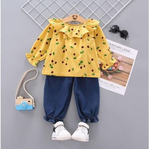Infant Girls Jeans Denim Pants+Top Leaves Print Clothes Long Sleeved Suit Children Casual Spring Autumn Girls Costume