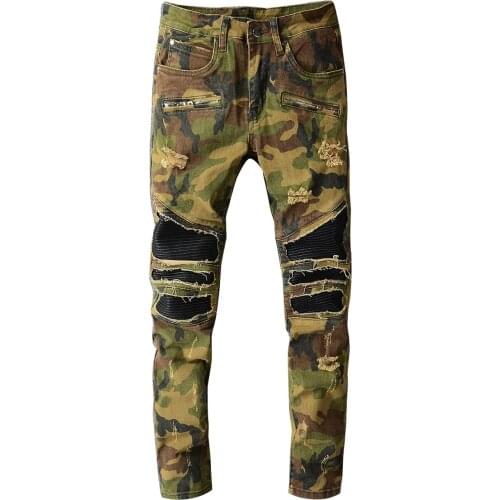 European American street trend new camouflage style big hole in the knee and leather patch jeans mens stretch slim feet 1096