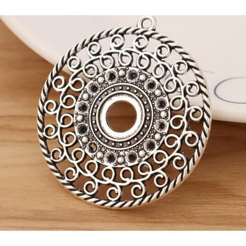 10 Pieces Tibetan Silver Filigree Open Round Charms Pendants Blank 10mm Round Cabochon Setting for Necklace Making Findings 42mm