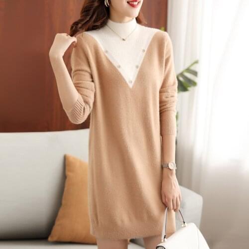 Imitation mink velvet mid-length color-blocking sweater women autumn/winter 2021 new loose western style casual top