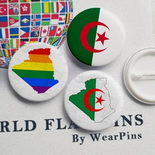 Algeria Flag Map Tin Button Pins LGBT Gay Rainbow Pride Tin Button Badges