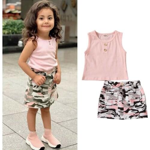 Summer clothing Toddler Kid Baby Girls clothes set Cute Solid Vest Tank Top Camouflage Party Wedding Mini Skirt 2Pcs Outfits Set