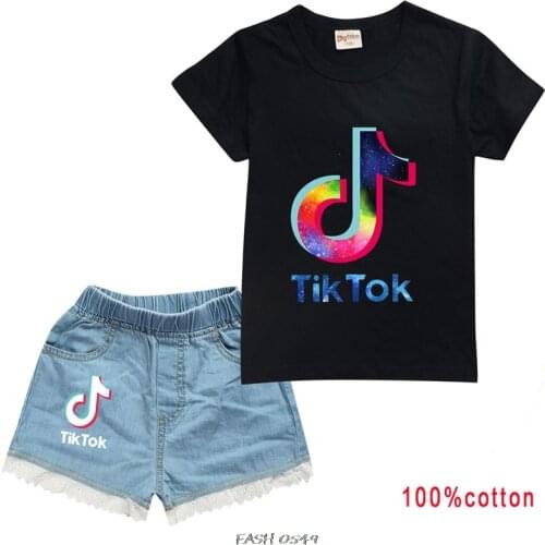Summer Kids Fashion Casual Clothes Tik Tok Printed Tshirt +Jeans Baby Children Cotton Clothing Set Girls Shorts Sets