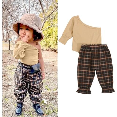 12M-3Y Fashion Kid Girl Clothes Set Oblique Shoulder Long-Sleeved Plaid Romper Suit+Plaid Trousers Indoor And Outdoor Activities