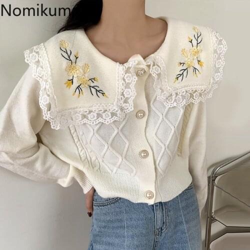 Nomikuma Korean Sweet Knitted Cardigan Lace Patchwork Floral Embroidery Turn-down Collar Sweater Coat Causal Knitwear Tops 6D712