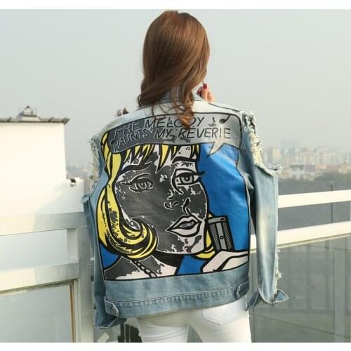 2018 Fashion Women Spring Denim Jacket Printing Loose Basic Women Coats Casual Holes Long Sleeve Oversize Jacket Vintage Outwear