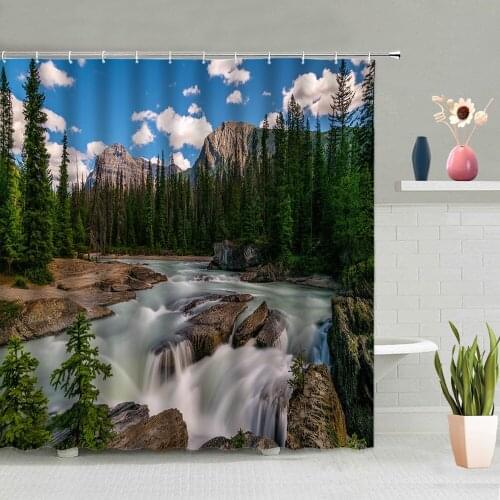 Landscape Shower Curtain Tree Green Plant Blue Sky White Cloud River Mountain Bathroom Decorative Screen Hanging With Hooks Set