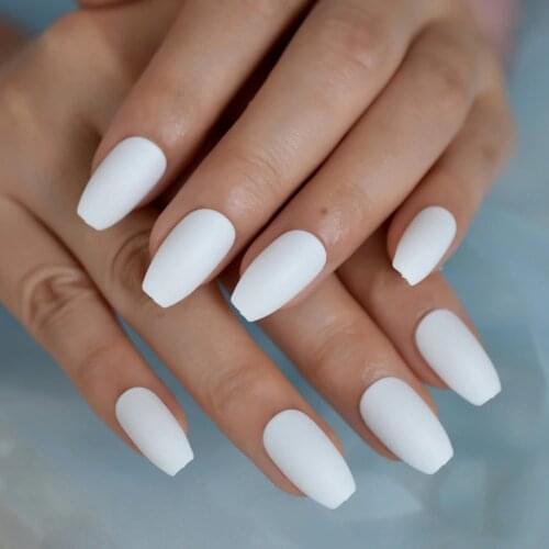Matte White Ballerina False Nails Frosted Coffin Flat Press on Fake Nails Tips Faux Ongle Daily Finger Wear Free Glue Sticker