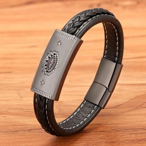 High Quality Evil Eye Genuine Leather Bracelets For Men Stainless Steel Magnetic Clasp Buckle Braided Punk Bangles Jewelry Gift