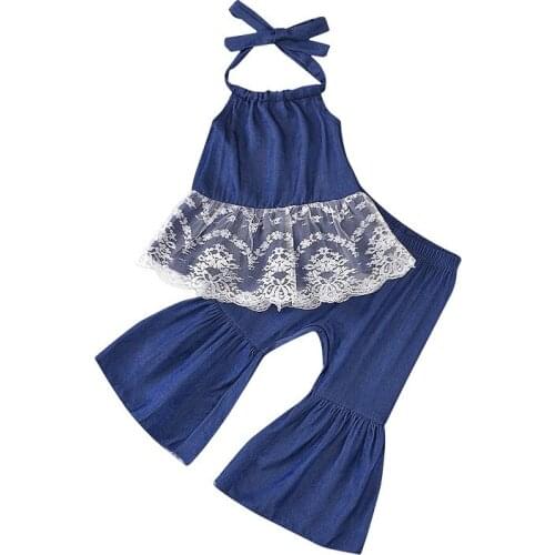 6M-3Y Infant Kids Baby Girl Sleeveless Stral Lace Denim Tank Tops Flared Jeans Bell Bottom 2PCS Outfits Summer Clothes Set