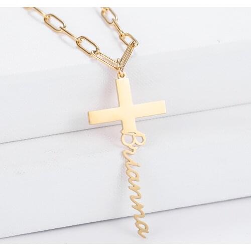 Custom Necklace Paperclip Chain Vertical Personalized Stainless Steel Name Cross Pendant Necklaces Customized Nameplate Gift