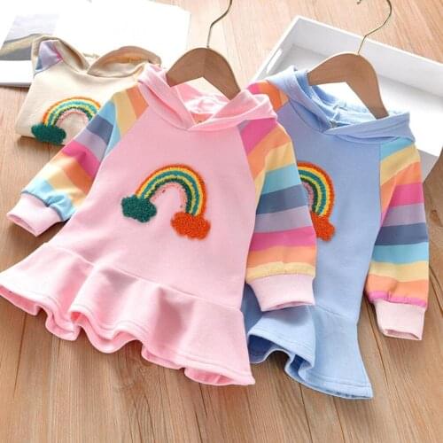 Baby Girls Rainbow Stripe Dress Vestido Children Clothes Towel embroidery Long Sleeve hooded Kids Girl sweater Dress Autumn