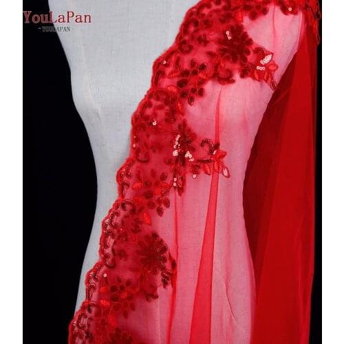 YouLaPan V86 Wedding Bridal Veils Red Crystal Beaded Red Cathedral Wedding Veil with Sequins Embroidery Long Veil with Comb
