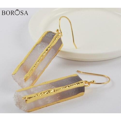 BOROSA Gold Color Agates Druzy Earrings for Women Natural Quartz Gems Stone Dangle Earrings Handmade Earrings as Gifts G1999-E