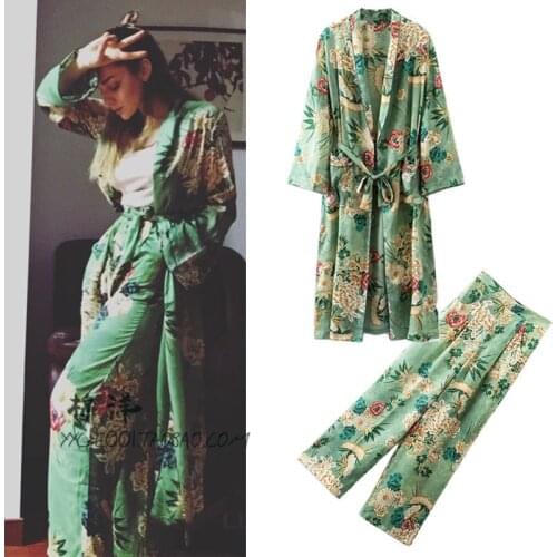 Womens Casual suit Women Suit Full Sleeve Long Kimono Tops and+Loose Print Wide Leg Pants 2 Piece Set Elastic Cotton Leisure