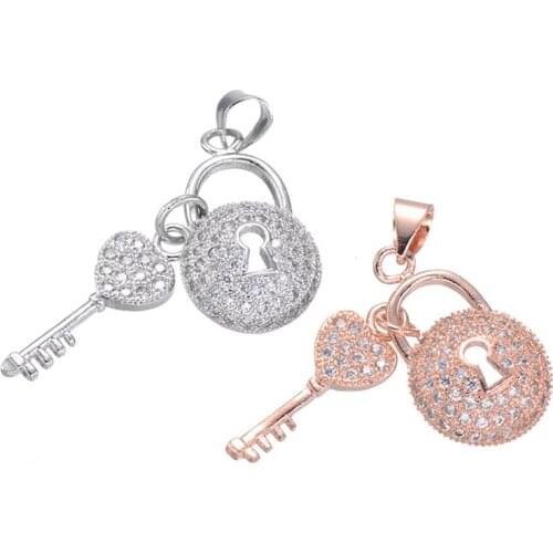 Jewelry Making Supplies Fashion Women Accessories Micro Pave Zircon Rhinestone Copper Key and Lock Pendants For Necklace Making