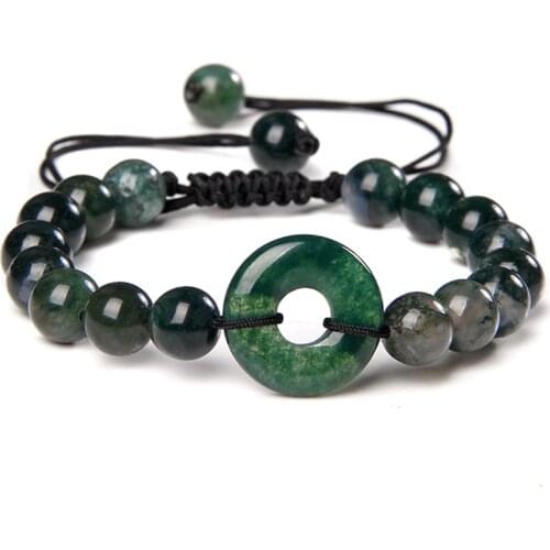 Lucky Jad Bracelets Men Natural Moss Agat Bracelet Black Rope Braid Bangle Adjustable Jewelry Women Reiki Stone Beads Pulsera