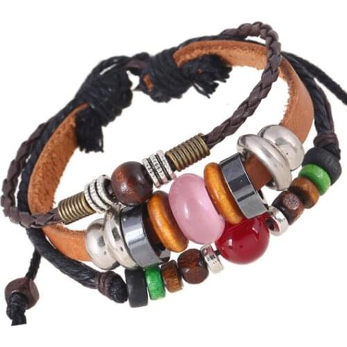 Vintage Fashion Retro Women Beads Charm Bracelet Adjustable 3 Layer Braided Leather Bangle Wrap Wristbands Hiphop Casual Jewelry