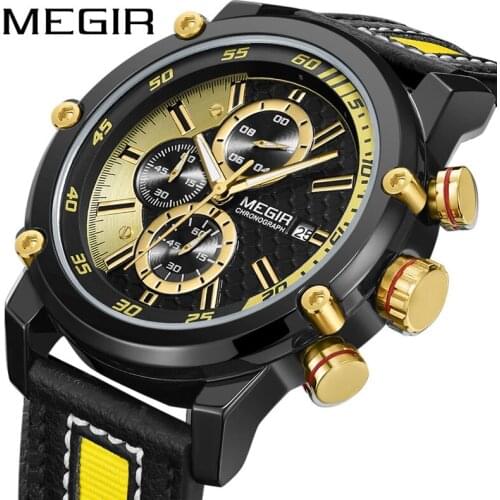 MEGIR Date Chronograph Men Watch Top Luxury Brand Clock Military Army Sport Male Clock Leather Band Quartz Mens Watches 2079