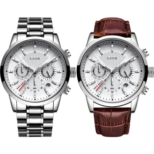 LIGE New Fashion Men Watches Analog Quartz Wristwatches 30M Waterproof Chronograph Sport Date Leather Band Watches montre homme