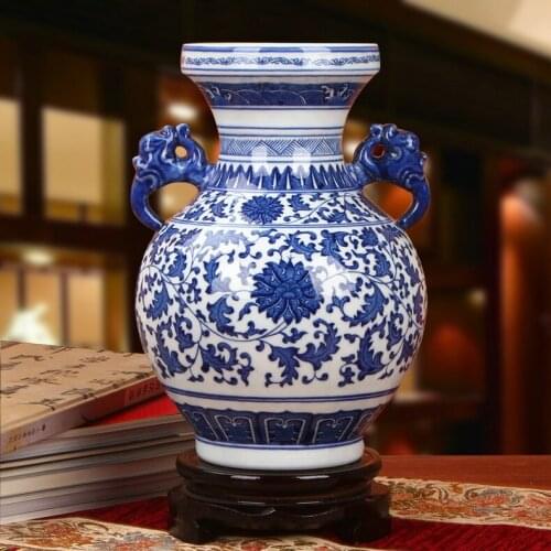 Jingdezhen Porcelain Chinese Classical Blue And White Porcelain Double Ears Lotus Flower Vase Modern Household Handicraft vase