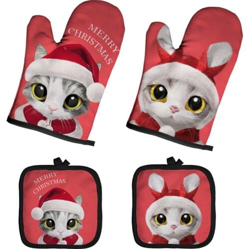 Customize Polyester Oven Mitts & Oven Sleeves Cute Cat Kitchen Microwave Glove Potholder Home Baking Tools Insulation Gloves