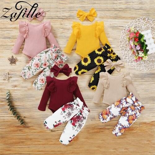 ZAFILLE 3pcs Baby Girl Clothes Set Knitted Cotton Bodysuit Baby Romper+Floral Pants+Headband Newborns Toddler Baby Girl Outfits