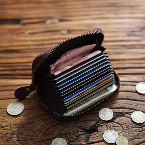 Genuine Leather Card Holder Men Male Vintage Short Zipper Accordion Business Credit Cards Case Bag Organizer Small Wallet Purse