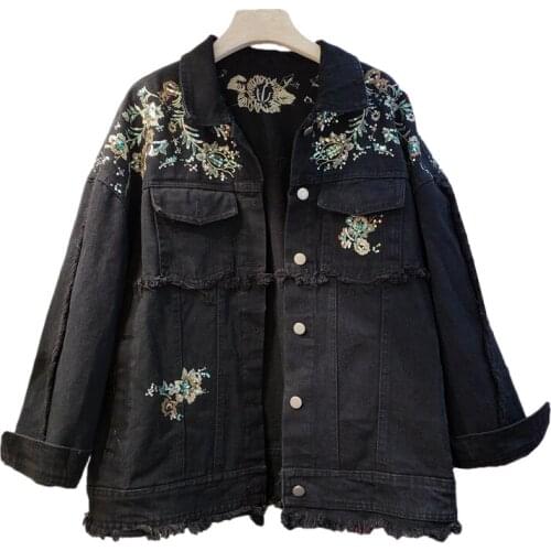 Embroidery Sequins Burrs Denim Jacket Coat Women Big Pocket Outerwear Spring Autumn Loose Washed Black Blue Jeans Jackets Female