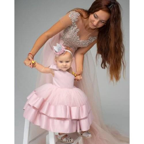 Mom Daughter Pink Birthday Party Dresses Ball Gowns Pink Sleeveless Mom And Girls Princess Ball Gowns Custom