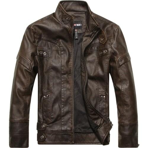 2020 Winter Brown Leather Jacket Men Stand Collar Zipper Up Fur Lining Slim Biker Motorcycle Jacket Casaco Couro Casculino