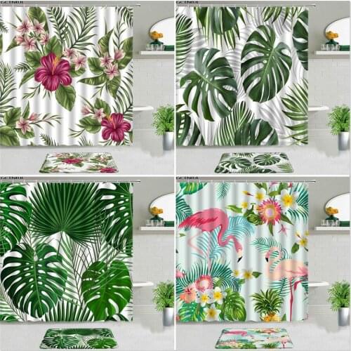 2pcs Tropical Green Plants Leaves Shower Curtains Set Bath Mat Rectangle Non-slip Floor Mats Bathroom Decor Screen Luxury Frabic