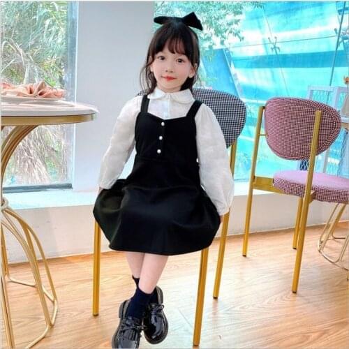 Hot Sale 2020 Autumn Girls Dress Two-piece Childrens Cotton Shirt Suspender Skirt Two-piece Suit