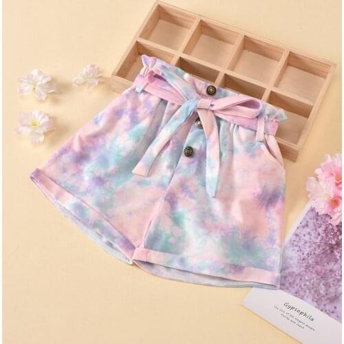 Girls Tie Dye Print Shorts Toddler Elastic Waistband Rolled Bottoms Lace-up Pants with Decorative Button
