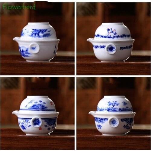 Blue and White Ceramic Porcelain Quick-off Cup Kung Fu Tea Set Teaware A Pot A Cup Portable Tea Set Tea Pot and Cup Set Tea Set