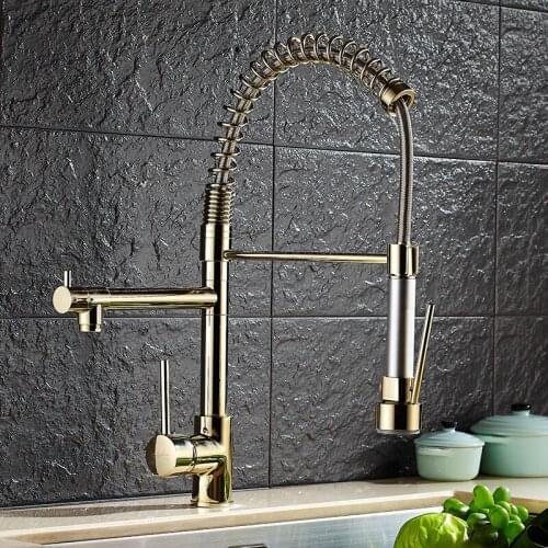 Kitchen Sink Faucets Brass Pull Down Spray Nozzle Kitchen Sink Mixer Tap Dual Handle Hot and Cold Water Crane Spring Faucet